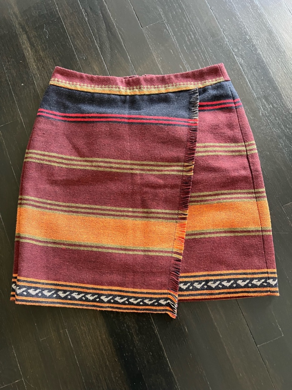 LOFT Maroon and Orange Striped Wrap Mini Skirt
